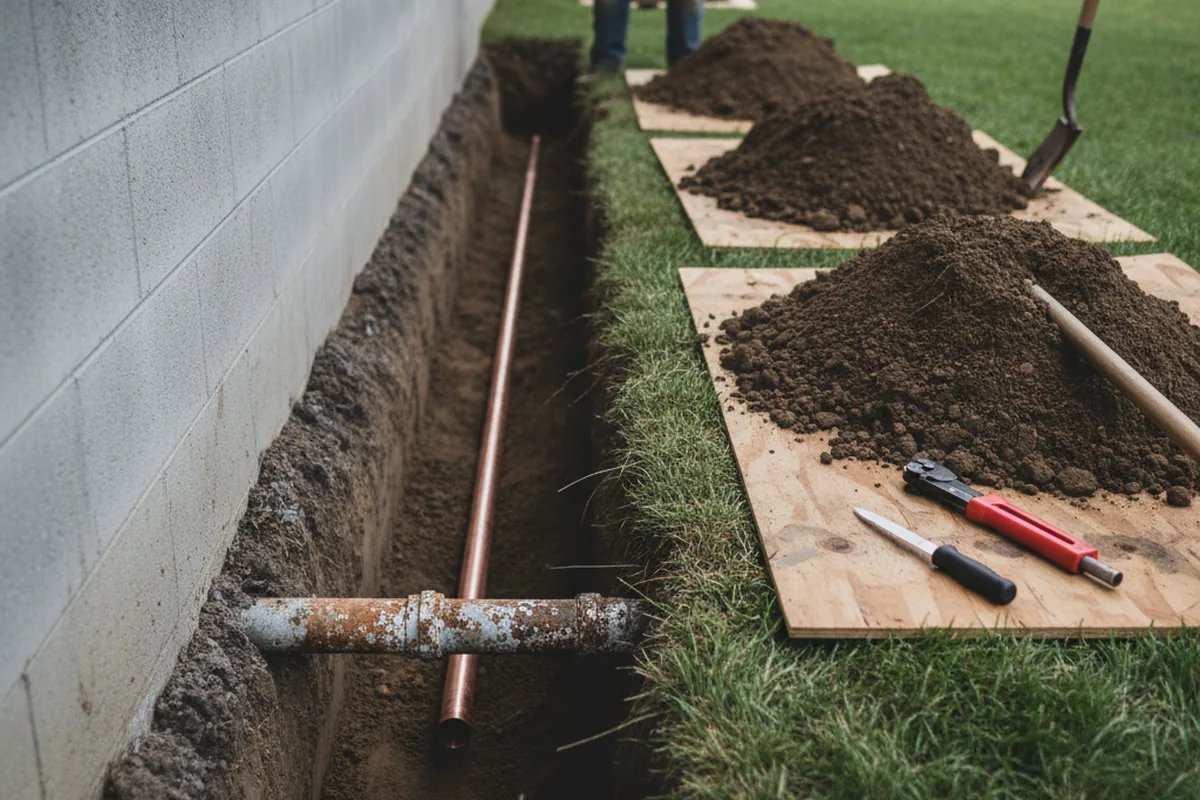 Excavated water line trench during Water Heater Repair in East Bank
